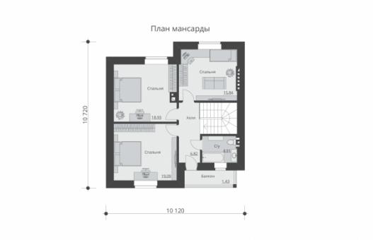 Проект индивидуального одноэтажного жилого дома с мансардой, гаражом, террасой и балконом